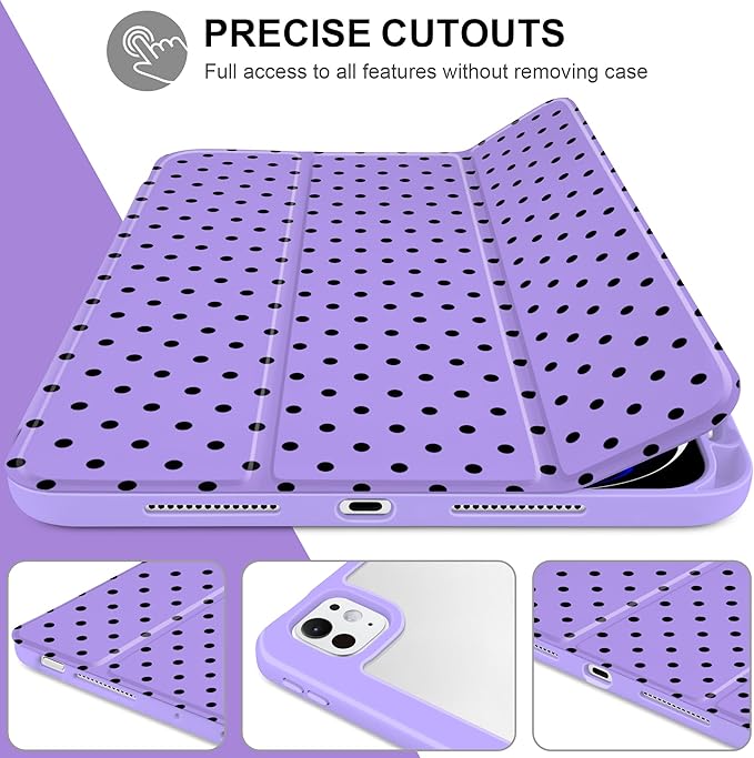 Case for iPad Pro 11 Inch (M5 2025 M4 2024) – [Built-in Pencil Holder], Shockproof & Stylish, Clear Hard Back + Soft TPU Edge, Magnetic Trifold Stand, Auto Wake/Sleep, Purple Polka dot