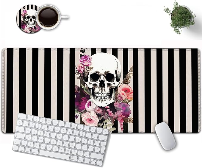Large Mouse Pad, 31.5 x 11.8in Extended Gaming Mouse Pad with Stitched Edges,XXL Mousepad Protector Non Slip Rubber Base for Office & Home Writing Mat,Skulls and Flowers Black & White Stripes Desk Mat