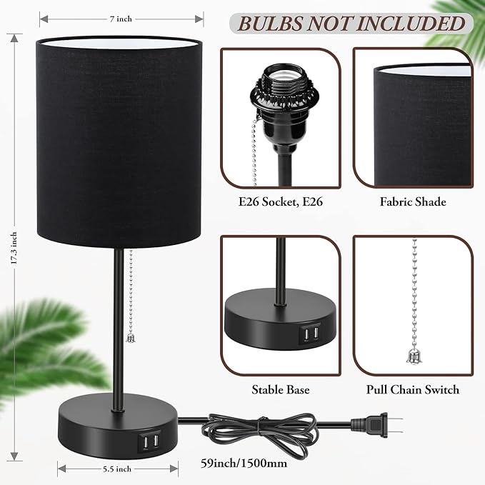 Table Lamps Set of 2 with USB Charging Ports, Black Bedside Lamps with AC Outlet, Nightstand Lamps with Pull Chain Switch, Minimalist Modern Desk Lamps with Fabric Shade for Living Room Bedroom Office