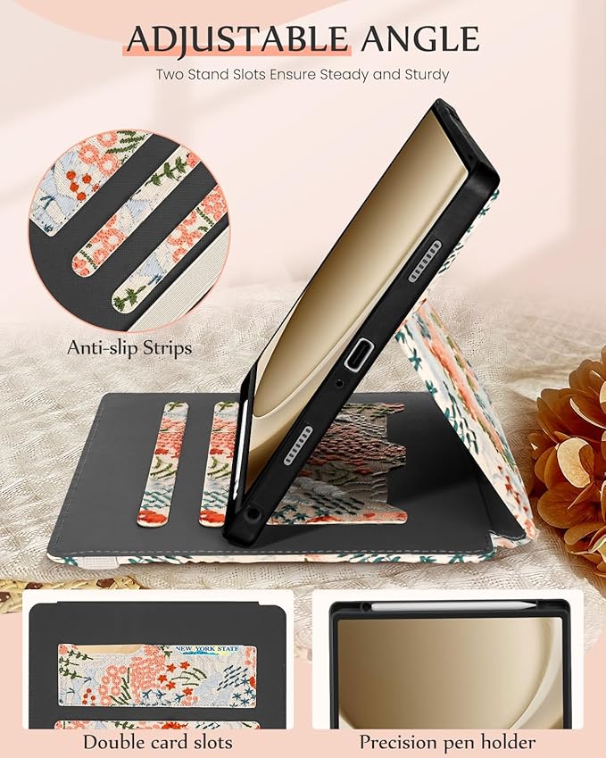 Uppuppy for Samsung Galaxy Tab A9 Plus Case 11'' - for Women Girls Cute Embroidered Folio Stand Cover with Pencil Holder & Card Slot Girly Floral Flowers Design Aesthetic Cases for Samsung Tab A9 Plus