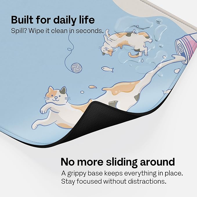 Pixio Mouse Pads - 36 x 16 inch XXL Milky Cats Blue Multifunctional Large Desk Mats for Gaming, Office, Desktop Anti-Slip Waterproof Washable Computer Mouse Mat
