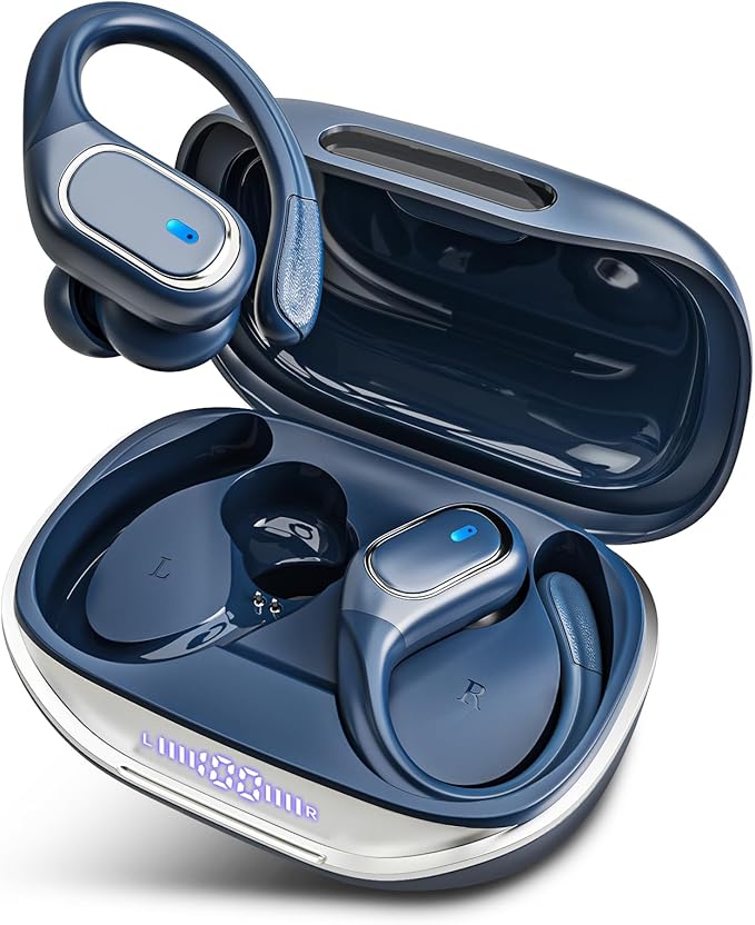 HAOYUYAN Wireless Earbuds Bluetooth 5.3 Headphones with 80H Playback, IPX7 Waterproof Over Ear Buds with LED Power Display for Sports Running Workouts (Navy Blue)