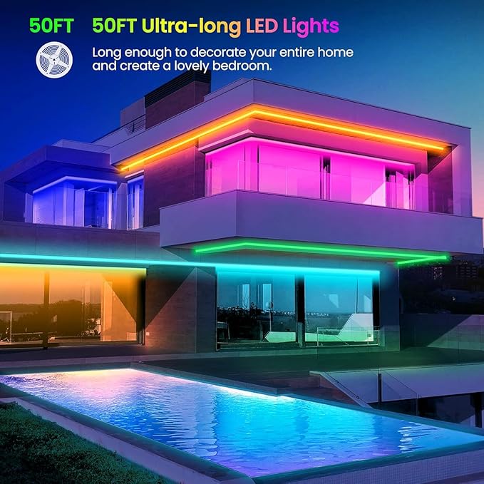 GUPUP 50 FT LED Strip Lights,Bluetooth LED Lighting for Bedroom, Color Changing Light Strip with Music Sync, Phone Controller and IR Remote(APP+Remote +Mic)