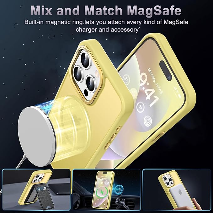 Newfuture Upgraded Magnetic for iPhone 15 Pro Max Case [Compatible with Magsafe] [Mil-Grade Protection], Pocket-Friendly, Slim Translucent Phone Case Cover for iPhone 15 Pro Max 6.7", Yellow