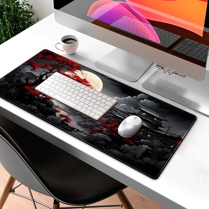 Riverside Full Moon Desk Mat Japanese Desk Pad Black Red Large Mouse Pad Gaming Mousepad Extended XXL Keyboard Pad 31.5 x 11.8 in Laptop Computer Mouse Keyboard Mat for Office Decor