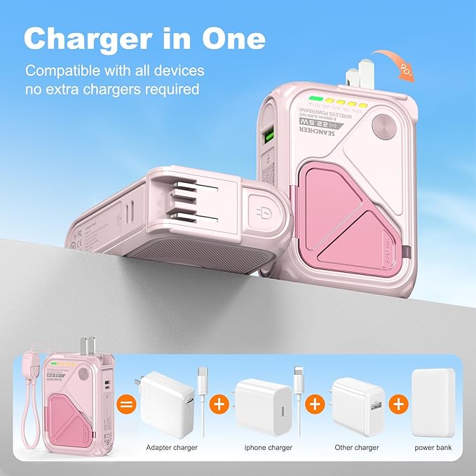 P05 Portable Charger, Magnetic Power Bank, Small Wireless PowerBank,Emergency Battery Pack 10000mAh Travel Essentials Fast Charging with Built in Cable, Wall Plug for iPhone,Samsung,Andriod (Pink)