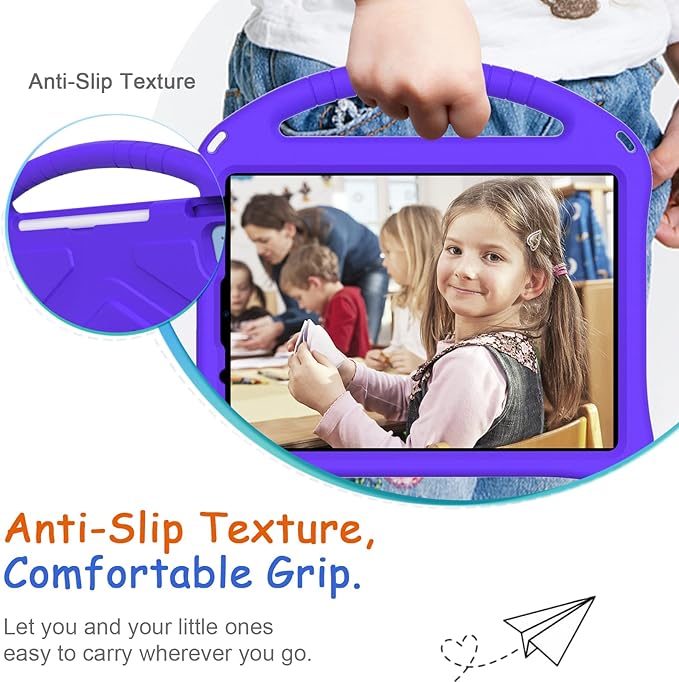 Kids Case for iPad A16 11th/10th Generation 2022/2025 11-Inch iPad Cover with Pencil Holder, Techcircle Lightweight Shockproof EVA Foam Rugged Handle Stand Anti-Slip Grip Protective Case, Purple