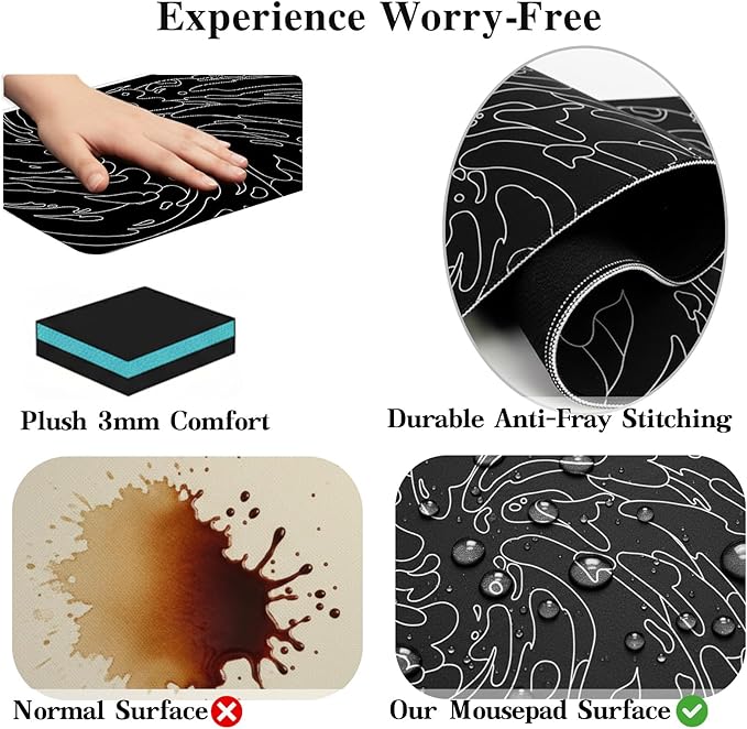 Gaming Mouse Pad L (31.5x11.8in) - Black Abstract Line Art Waves, Dark Japanese Doodle Design - Desk Mat for Gamers