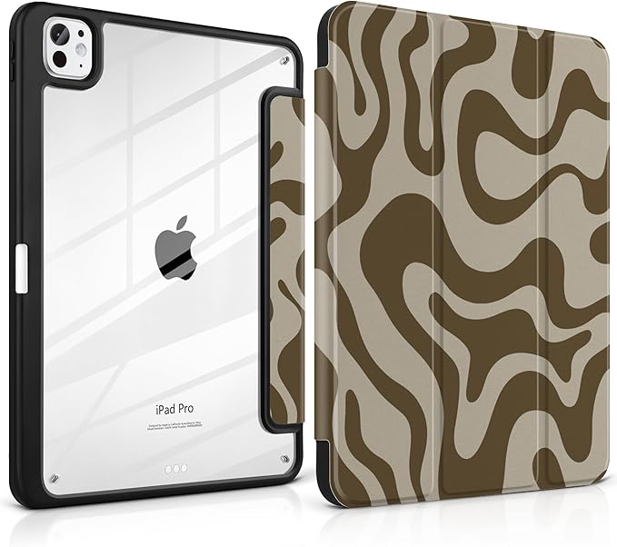 TWOLSKOO Case for iPad Pro 11-inch (M5 2025 / M4 2024), Clear Acrylic Back with TPU Bumper, Pencil Holder, Trifold Stand, Auto Sleep/Wake, Brown Waves