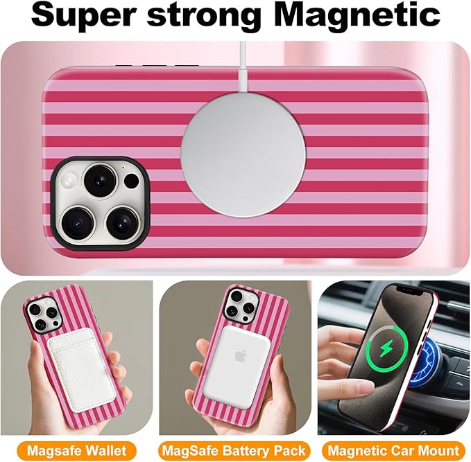 Magnetic for iPhone 15 Pro Case Cute Stripes Phone Case, Shockproof Slim TPU and Hard PC Protective Phone Cover Compatible with MagSafe Designed for Women Girls, Red and Pink