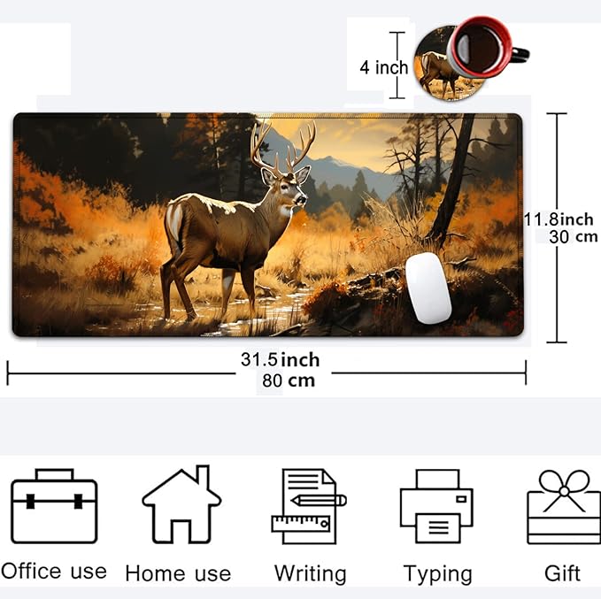 Large Mouse Pad, 31.5 x 11.8in Extended Gaming Mouse Pad with Stitched Edges, XXL Mousepad Protector Non Slip Rubber Base for Office and Home Writing Mat, Cute Deer Forest Pattern Desk Mat