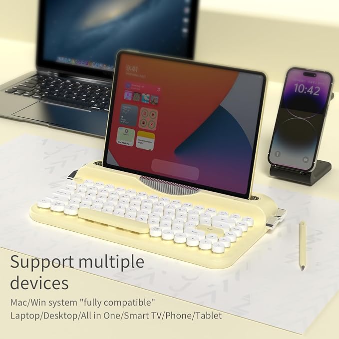 Ajazz AF84 Wireless Membrane Silent Typewriter Keyboard, Bluetooth/2.4G Dual-Mode Connection, Cute Retro Aesthetic Design with Integrated Stand for Tablet, Phone, PC and Win/Mac/Android Gray