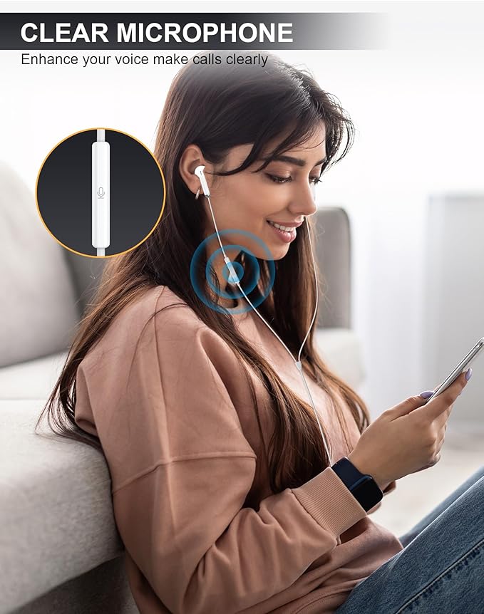USBC Headphones for iPhone 17 16 15，for Apple Headphones Wired with Microphone & Remote Control [Clear Call], Wired Ear Buds USB C HiFi Bass Earphones for Samsung S25 S24 Ultra,ipad,Pixel 9 [2 Pack]