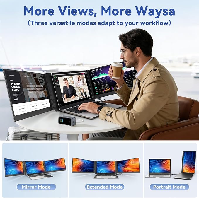 domyfan 15.6" Laptop Screen Extender, Triple Portable Monitor with Ultra-Thin FHD 1080P IPS Display for 13-17" Laptop, Plug & Play via HDMI/USB-A/Type-C, Compatible with Mac/Windows/Android
