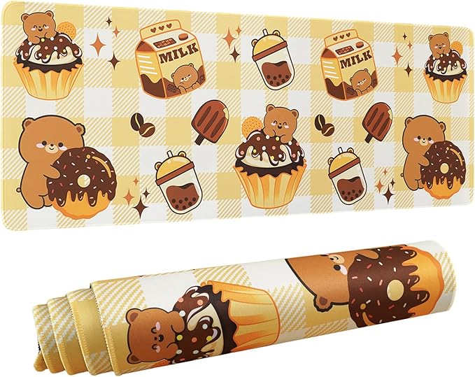 Kawaii Bear Gaming Mouse Pad for Desk, Extended Large Bear Chocolate Donut Mouse Pad, Orange Yellow Mousepad XL, Long Big Mouse Mat, Kawaii Bear Decor Stuff Accessories, 31.5 X 11.8 Inch