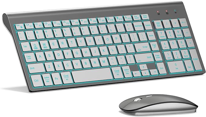 TopMate Wireless Keyboard and Mouse Ultra Slim Combo, 2.4G Silent Compact USB 2400DPI Mouse and Scissor Switch Backlit Keyboard Set, for PC/Laptop/Windows/Mac/Gaming - Gray Silver