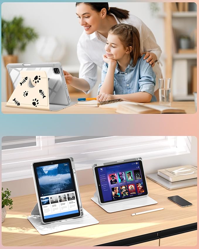Uppuppy for iPad Air 11 inch Case(Air M4 2026, 8th Gen/M3 2025/M2)/Air 5th/4th Gen 10.9", for iPad Pro 11 inch Case(4th/3rd/2nd/1st Gen) - 360 Rotating Smart Folio Cover with Pencil Holder, Black Cat