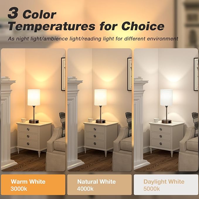 Dicoool Small Bedside Table lamp for Bedroom - 3 Color Temperatures Brown Bedside Lamps with USB C and A Ports, Pull Chain Table Lamps with AC Outlet, Black Nightstand Lamps for Kids Reading Study