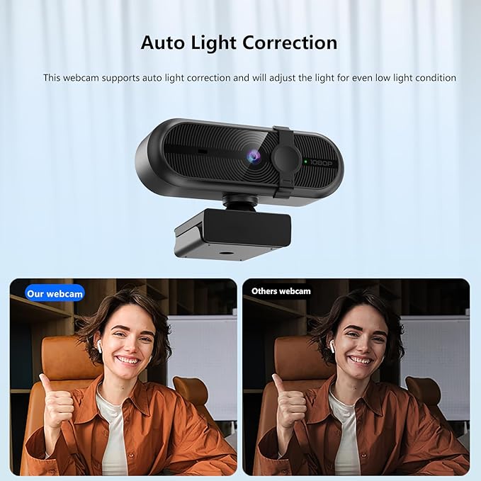 1080P Webcam for PC, Webcam with Mic, Auto Light Correction, 90° Wide Angle, Built-in Privacy Cover, Supports YouTube, Zoom, Teams, Meet, Skype, Perfect for Solo Meeting, Live Streaming