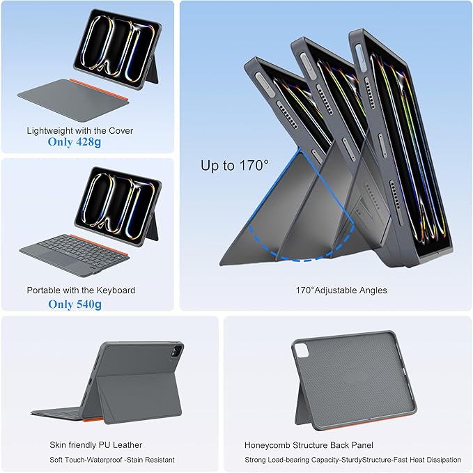 WIWU iPad Pro 11 inch Keyboard Case M4/M5 2024/2025 Magnetic Detachable 3 in 1 Case Bluetooth Case Keyboard Adjustable Stand 7 Colors Backlit Keys with Touchpad (Grey, iPad Pro 11"(M4/M5 2024/2025))