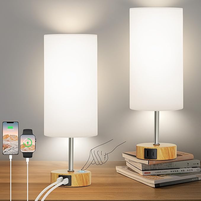 ROTTOGOON 12.8" Touch Control Table Lamp, 3-Way Dimmable Small Bedside Nightstand Lamp with 2 USB Ports, Modern Table Lamp with 5000K Daylight LED Bulb for Living Room (2 Pack)