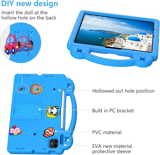 Dteck iPad Air 13"/Pro 13" 2024 M4/Pro 12.9 6th/5th/4th/3rd Gen Case - Cartoon Panda Shockproof Rugged Lightweight Convertible Stand With Handles, Kids Friendly, Sky Blue