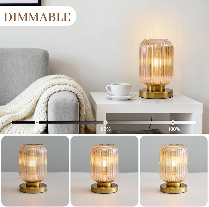 Mid Century Modern Table Lamp: Vintage Amber Ribbed Glass Globe Dimmable Plug in Small Bedside Lamps - Cute Brass Gold Side Table Lamp Nightstand Light for Bedroom Entryway Office Desk Living Room