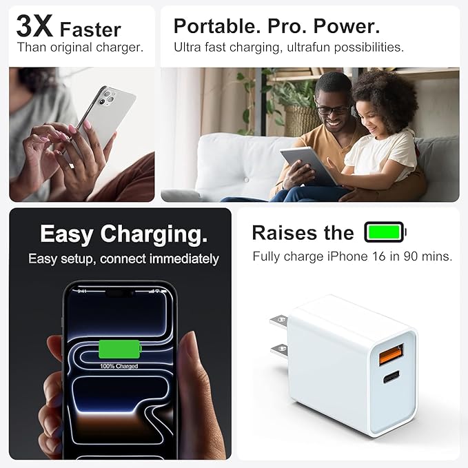 USB C Super Fast Charger, 3-Pack 45W Dual Port PD+QC Fast Charger Adapter Block for iPhone 14/15/16/17/Pro/Pro Max/Plus/iPad/MacBook air, (25W PPS) Type C Charging for Samsung S21 S22 Pixel