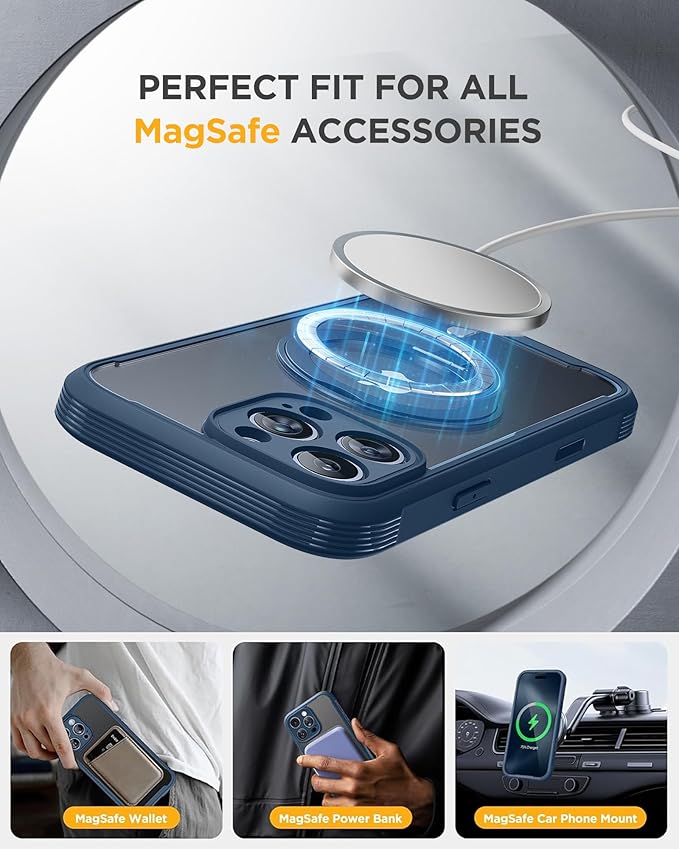Miracase for iPhone 16 Pro Max Case with 360° Magnetic Ring Stand [Compatible with Magsafe] Full-Body Drop Proof Bumper Phone Case with Built-in 9H Tempered Glass Screen Protector,Blue