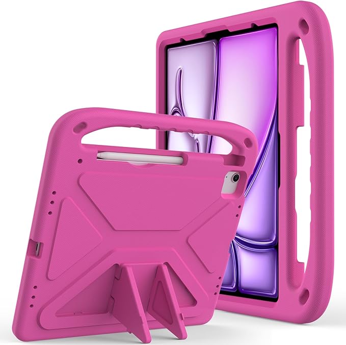 Kids Case for Apple iPad Air 13 inch Tablet M4/M3/M2 (2026/2025/2024) with Pencil Holder, Anti-Slip Handle Slim Lightweight Stand Shockproof Soft EVA Protective Silicone Bumper Cover, Rose