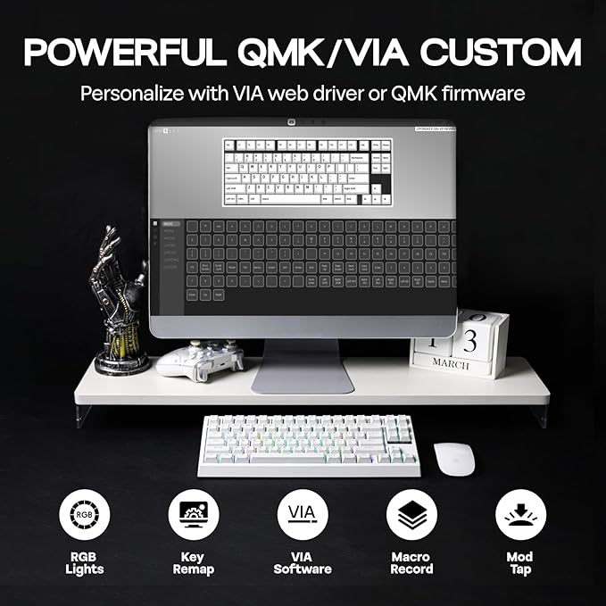 EPOMAKER G84 80% RGB Gaming Mechanical Keyboard, 2.4GHz/ Type-C/BT Wireless Keyboard, QMK/VIA Programmable, Hot-Swappable, NKRO, with Shine Through PBT Keycaps for Gamers (White, Creamy Jade Switch)