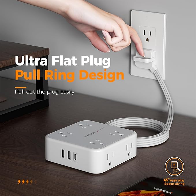 TESSAN Surge Protector Power Strip, 5 Ft Flat Plug Extension Cord with 3 USB (1 USB C) 8 Outlets, 1250W, 900J Protection, 3 Sided Outlet Extender with Ring Plug for Office, Dorm Room, Grey
