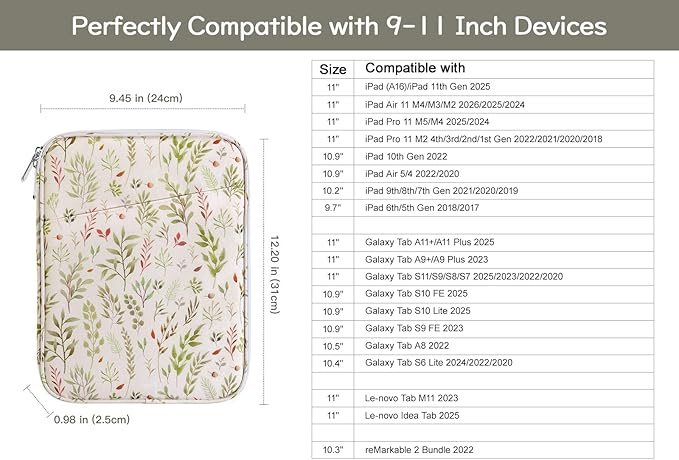 Dadanism 9-11" Tablet Sleeve Bag Carrying Case for iPad (A16) 11th Gen 11", iPad 10th Gen 10.9" Air 5/4, iPad Air M4/Pro 11", iPad 9/8/7th, Galaxy Tab A11+ Plus 11", Remarkable 2 10.3",Beige Leaf