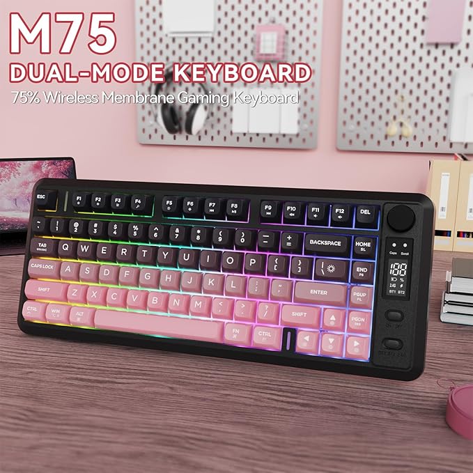 ZIYOU LANG M75 Wireless Gaming Keyboard, RGB Backlit Rechargeable 2000mAh Battery, Small Membrane But Mechanical Feel Keyboard with Smart Display & Knob, PBT Gradient keycaps for PC, MAC-BlackBerry