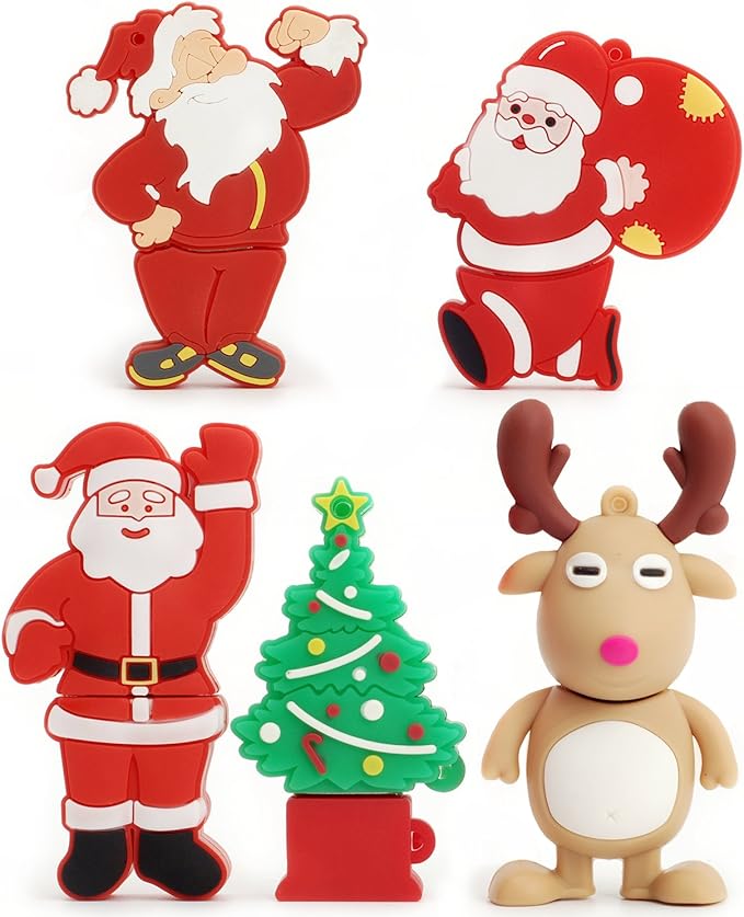Christmas USB Flash Drive 8GB x 5 Pieces Thanksgiving Gift USB Memory Stick Novelty Pen Drive Santa Claus, Christmas Tree, Elk