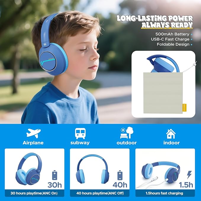 Steellumen Nova1Pro Active Noise Cancelling Headphones for Kids, 3-Level Safe Volume 75/85/94dB, ANC Safe Wireless Listen, Fast Charging, Bluetooth 5.4 with Mic, boy Girl for School, Travel & Airplane