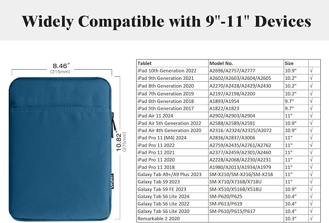 TiMOVO 9-11" Tablet Sleeve Bag for iPad 11-inch A16 2025, iPad 10.9"/10.2"| Air 11 Inch/5th/4th Gen. 10.9", Galaxy Tab A9+/A11Plus 11", Protective Bag Fit Smart Keyboard, Peacock
