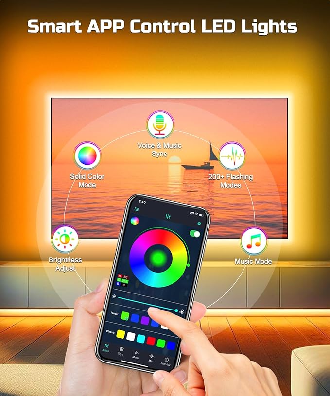 Daymeet TV Led Backlight, 23ft LED Lights for TV Behind for 75-100 inch, RGB Glow USB Led Light Strip for TV Lighting Color Changing Music Sync Bluetooth APP Control for Bedroom HDTV