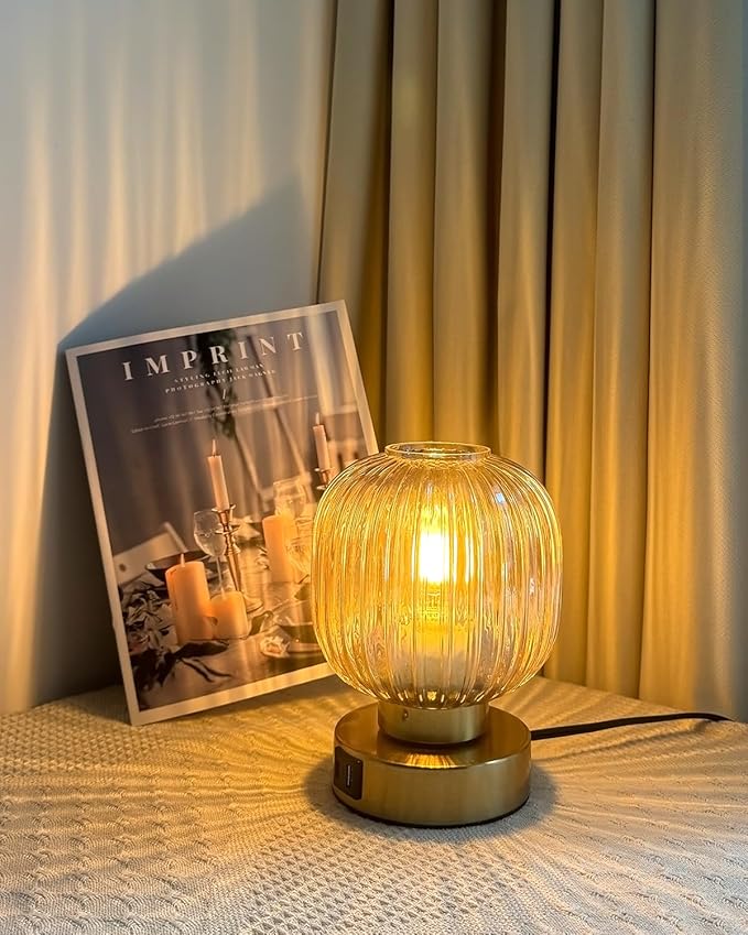 Elenhome Touch Small Table Lamp,Elegant Gold Glass Bedside Lamp 3 Way Dimmable with USB C+A Charging Ports - Bedroom Nightstand & Living Room Essential, 4W Bulb Included (Gold)