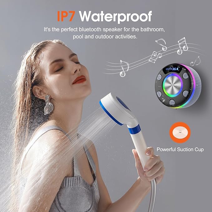 Bluetooth Shower Speaker, Portable Bluetooth 5.3 Speakers Wireless with Time Display, IP7 Waterproof Speakers with RGB Light, Suction Cup, Mini Stereo Speaker for Bathroom Party Beach Outdoor, Gray