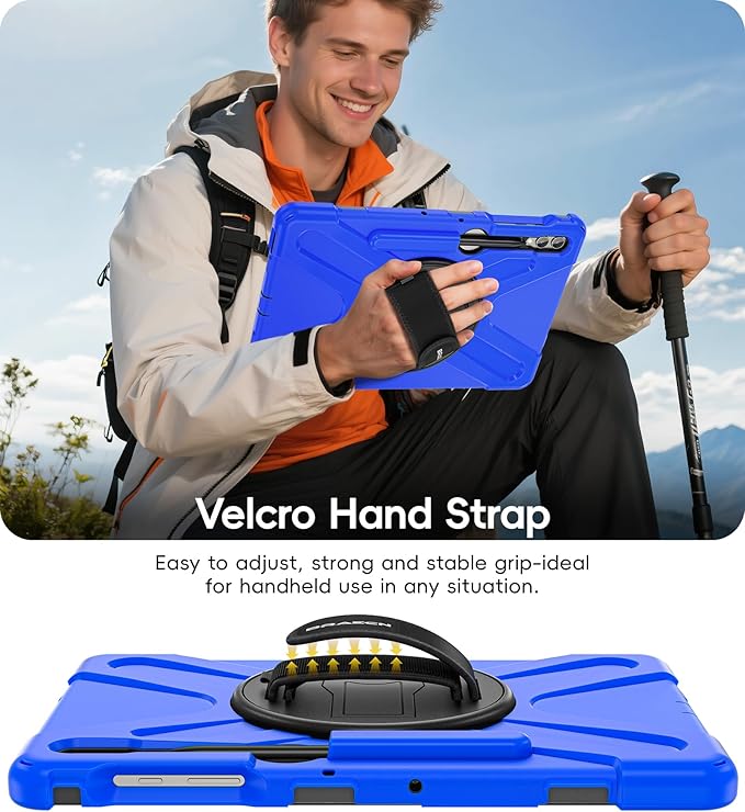 BRAECN for Samsung Galaxy Tab S10 Plus Case 2024/S9 Plus/S9 FE+/S8 Plus/S7 Plus /S7 FE 12.4 Inch,Heavy Duty Shockproof Case with S Pen Holder&360 Rotating Hand Strap/Kickstand Shoulder Strap,Blue