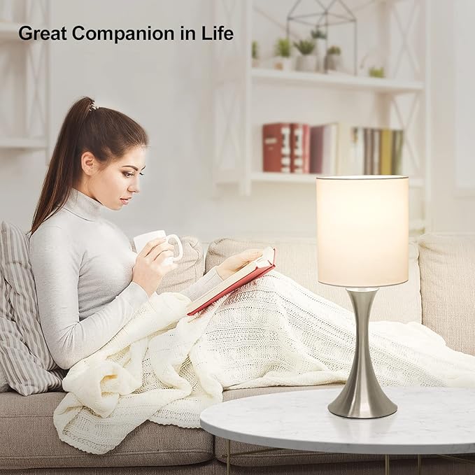 Touch Control Table Lamp, 3-Way Dimmable Bedside Lamp for Living Room, Modern Nightstand Lamp for Bedroom, Silver Table Lamp with White Shade, Desk Lamp for Dorm, Home, Office, 3000K LED Bulb Included