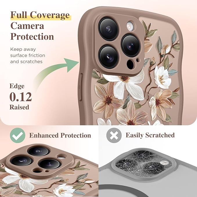 GVIEWIN for iPhone 16 Pro Max Case Compatible with MagSafe [Curly Wave Edge][Full Camera Protection] Floral Translucent Shockproof Magnetic Women Phone Case for 16 Pro Max, Dogwood/Brown