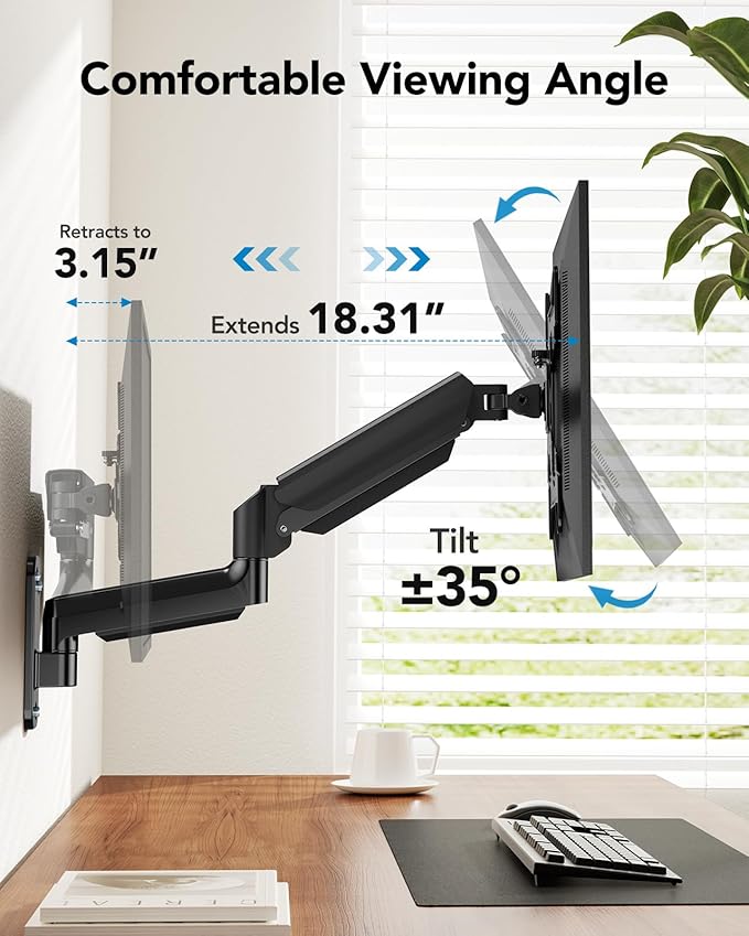 HUANUO Computer Monitor Wall Mount for 22"-35" Screens, Gaming Wall Mount Monitor Arm Holds up to 26.4lbs, Vesa Mount with Tilt, Swivel, Rotation, Supports 75x75mm, 100x100mm, 200x200mm, Black