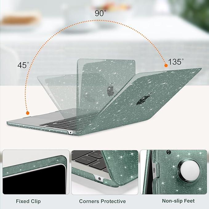 MOSISO Glitter Cover Compatible with MacBook Air 13 inch Case M5 2026 M4 2025 M3 M2 2024-2022 A3449 A3240 A3113 A2681, 4 in 1 Kit Bling Sparkly Hard Shell for MacBook Air 13.6 inch Case, Emerald Green
