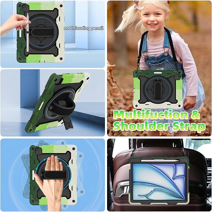 for Air 11 inch Case M3 2025 / M2 2024, Air 7th/6th Generation-with HD Screen Protector, 360 Rotating Kickstand/Hand Strap, Shoulder Strap, Pen Holder, Heavy Duty Military Grade- Kids Friendly