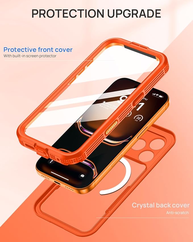 Lanhiem Magnetic for iPhone 17 Pro Max Case, IP68 Waterproof, Dustproof, Compatible with Magsafe, Built-in Screen Protector, Full Body, Heavy Duty, Rugged Phone Cover, 6.9 inch, Cosmic Orange