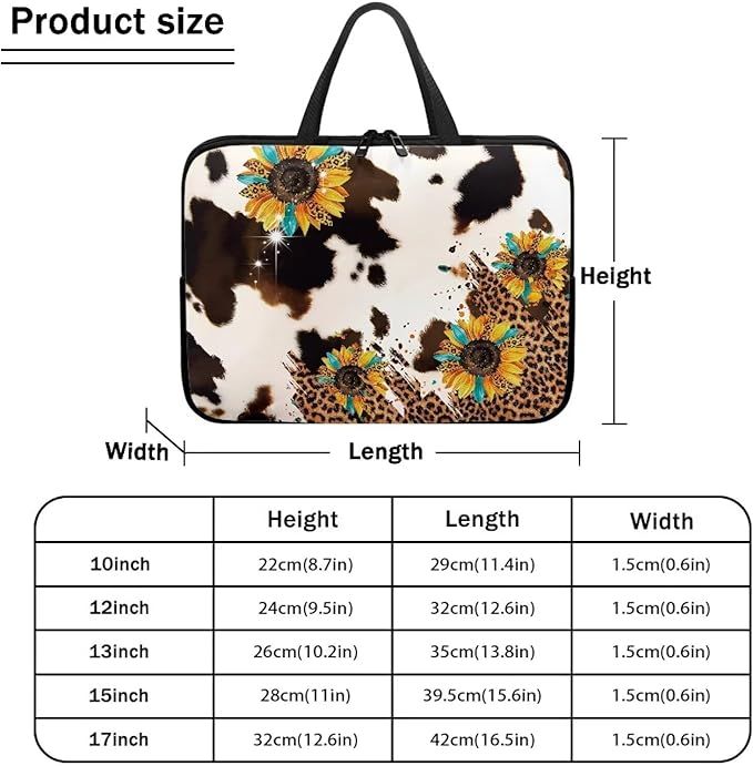 Cow Print Sunflower Laptop Sleeves & Cases, Laptop Tote Bag with Handle, Men Women School Travel Business Computer Carrying Bag for 10" 12" 13" 15" 17 inch Tablet/Notebook/Reader