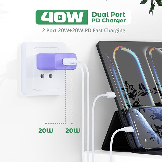 USB C Charger Block, 40W Dual Port Fast Charger 20W Type C Charging Block 3.1A USB Wall Charger Dual Port PD+QC Charging Cube for iPhone 15 16 14 13 12 11 Pro Max XS, iPad, Samsung Phone-Purple