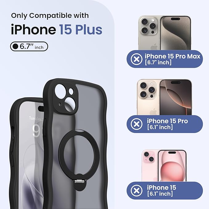 CAPRARO for iPhone 15 Plus Case with 360° Spin Magnetic Stand for Women, [Compatible with MagSafe] [Full Camera Protection] Cute Wave Translucent Matte Case for iPhone 15 Plus, Black